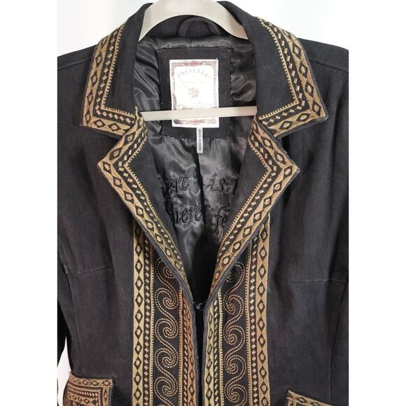 Paparazzi by Biz Black Long Denim Coat Embroidered w/ Gold Tan Intricate Design - Picture 3 of 10
